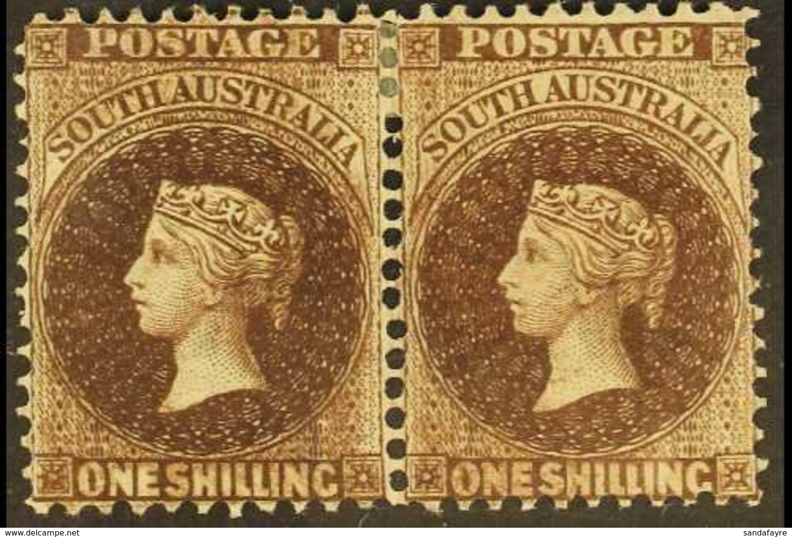 SOUTH AUSTRALIA 1868-79 1s Dark Red Brown (p11½-12½), SG 82, Fine Mint Pair With Partial Double Print To Left Stamp. Lov - Other & Unclassified