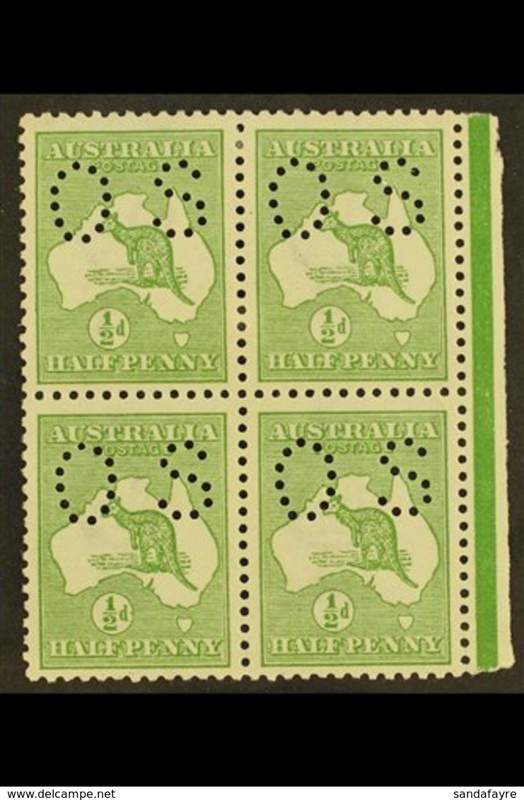 OFFICIALS 1913 ½d Green, Punctured "O S" (smaller Letters, SG Type O2), Right Marginal Block Of 4, SG O16, Fine Mint, Hi - Sonstige & Ohne Zuordnung