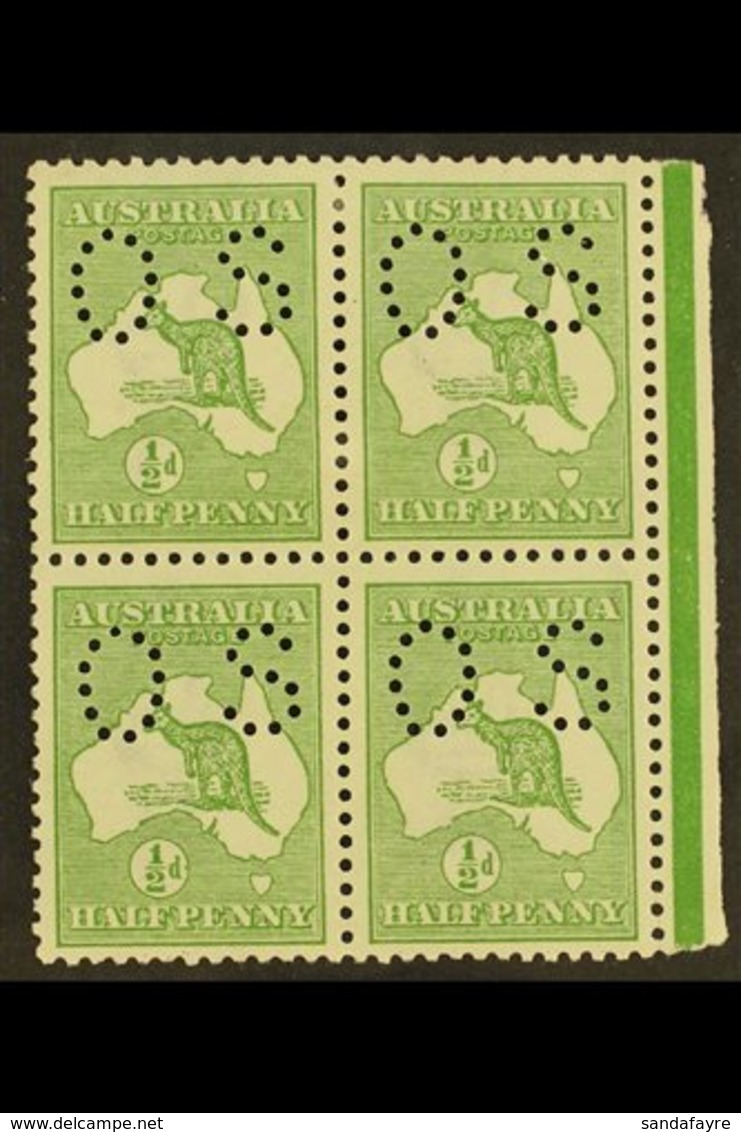 OFFICIALS 1913 ½d Green, Punctured "O S" (smaller Letters, SG Type O2), Right Marginal Block Of 4, SG O16, Fine Mint, Hi - Other & Unclassified