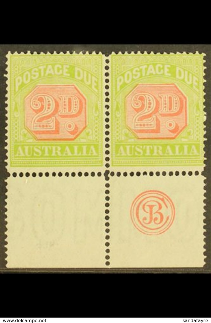 POSTAGE DUES 1913 2d Scarlet And Pale Yellow Green, SG D81,  Bottom Margin Pair R/h Stamp Showing JBC Monogram, Few Wrin - Other & Unclassified