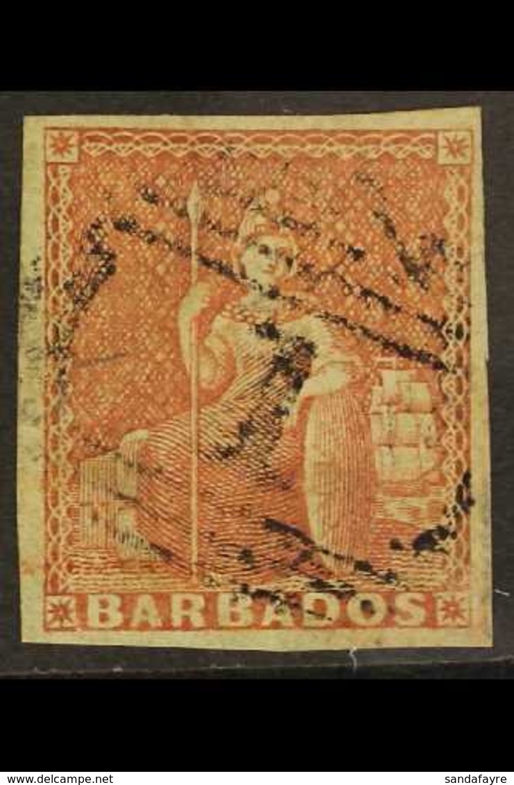 1852 (4d) Brownish Red On Blued Paper, SG 5, Very Fine Used With Good Margins All Round And Neat Barred "1" Cancel. Ex B - Barbades (...-1966)