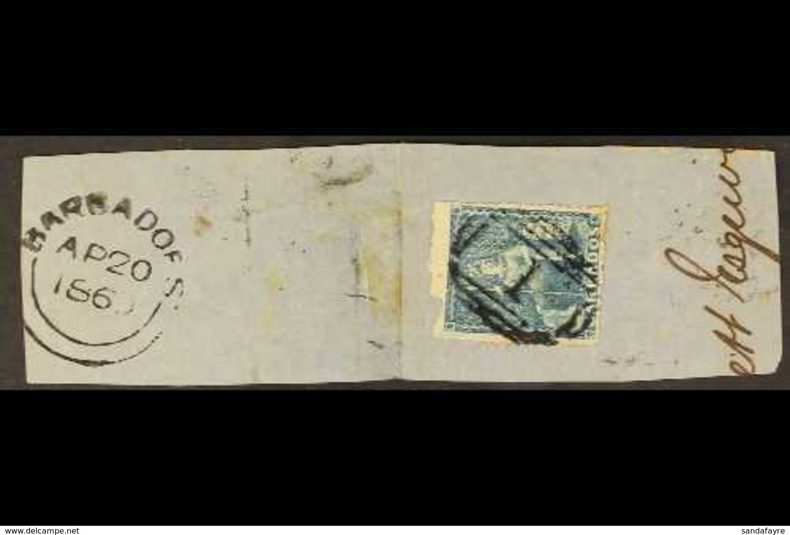 1860 (1d) Deep Blue, Pin Perf 14, Britannia, SG 15, Fine Used On Cds Dated Piece, Perfs To 4 Sides But Roughly Separated - Barbados (...-1966)