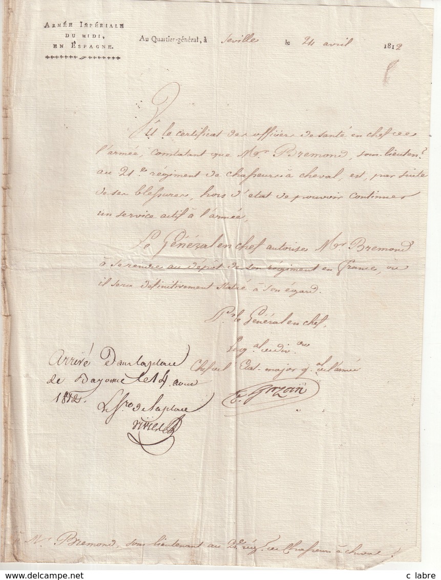 DOCUMENT : FRANCE . Mr BREMOND DOIT SE RENDRE AU DEPOT DE SON Regt . LE 24/04/1812 . - Documents