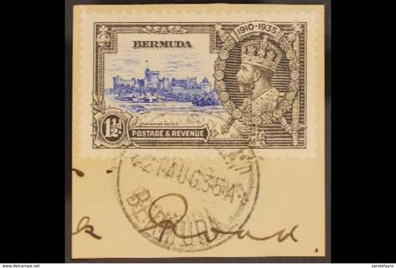 1935 JUBILEE VARIETY. 1½d Ultramarine & Grey "BIRD BY TURRET" Variety, SG 95m, Fine Cds Used Tied To A Small Piece. Love - Bermudas