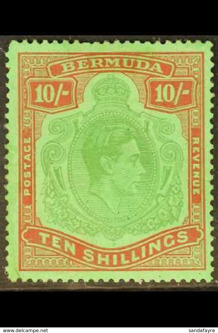 1942 10s Bluish Green And Deep Red On Green LINE PERF 14¼, Showing The Rare BROKEN TOP RIGHT SCROLL, SG 119bd, Mint With - Bermuda