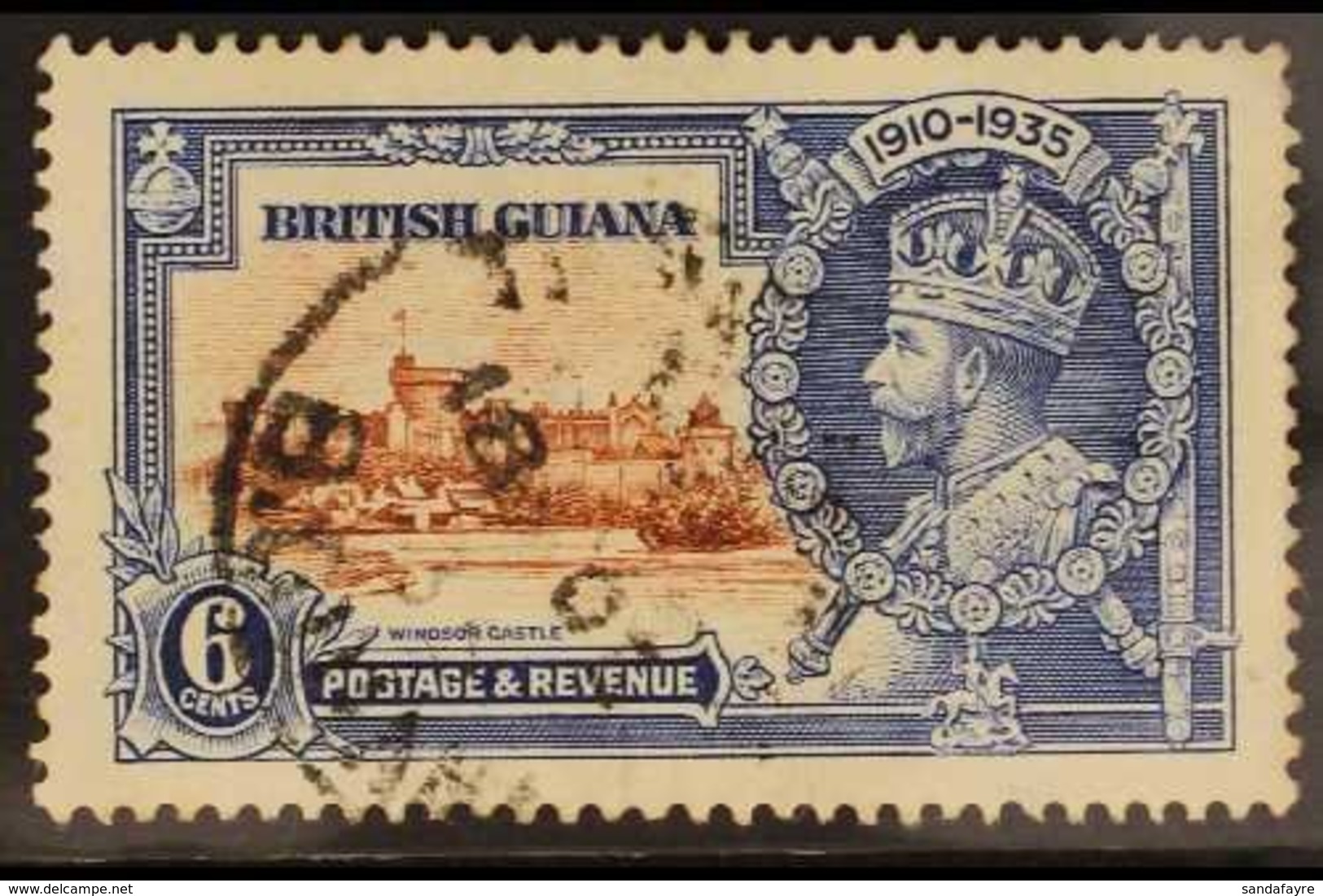 1935 6c Brown & Deep Blue Jubilee DOT TO LEFT OF CHAPEL Variety, SG 302g, Fine Used. For More Images, Please Visit Http: - Guyane Britannique (...-1966)