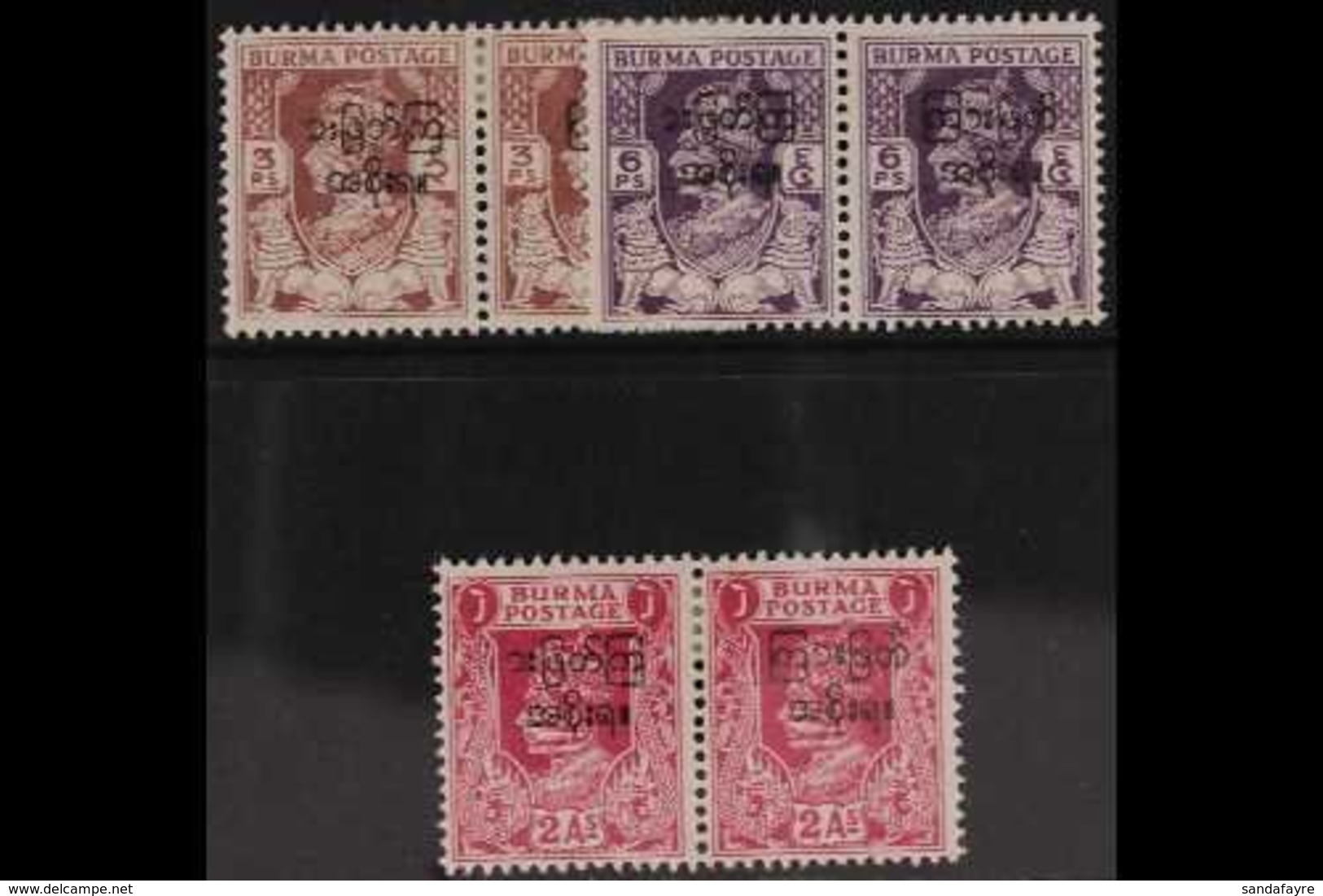 1947 3p, 6p And 2a In Horizontal Pairs, One Stamp Of Each Showing The Variety "transposed First Character", SG 68a, 69a, - Burma (...-1947)