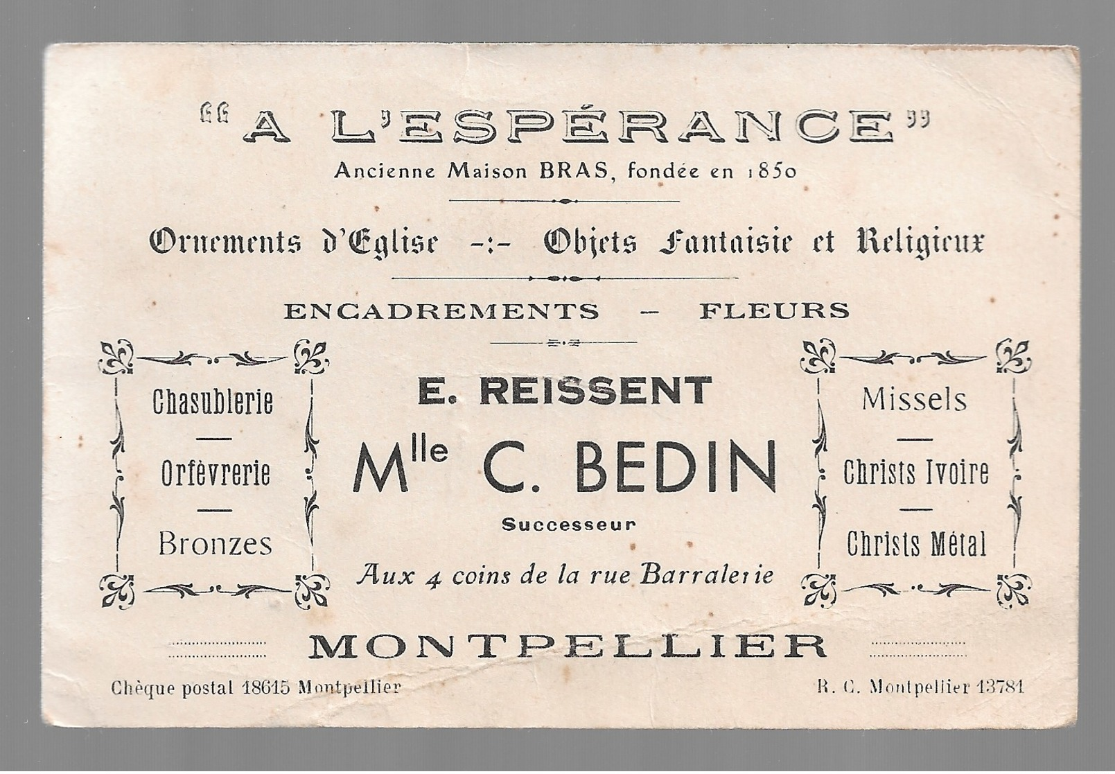 MONTPELLIER  Religion  "A L'Espérance" Ornements D'église  Mlle BEDIN, Au Dos "curé D'Ars..." - Cartes De Visite