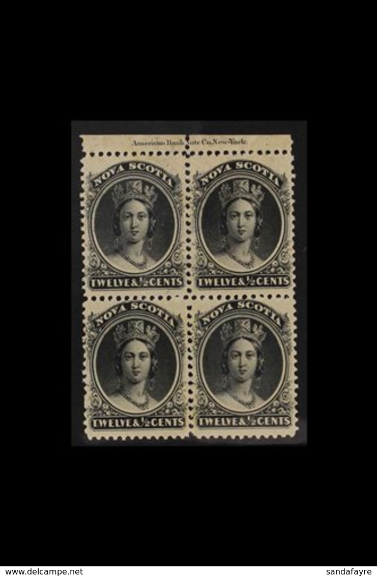 1860-63 12½c Black On Yellowish Paper (SG 13, Unitrade 13), Fine/very Fine Mint Upper Marginal INSCRIPTION BLOCK Of 4, F - Other & Unclassified
