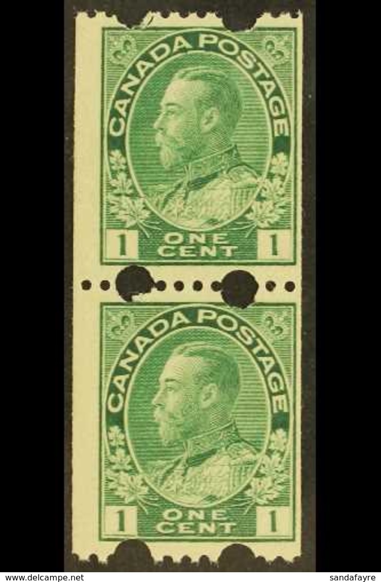 1912-21 COIL MACHINE 1c Blue Green "Two Large Holes At Top & Bottom", SG 217a, Lower Stamp Is Nhm, Very Fine Mint Vertic - Sonstige & Ohne Zuordnung