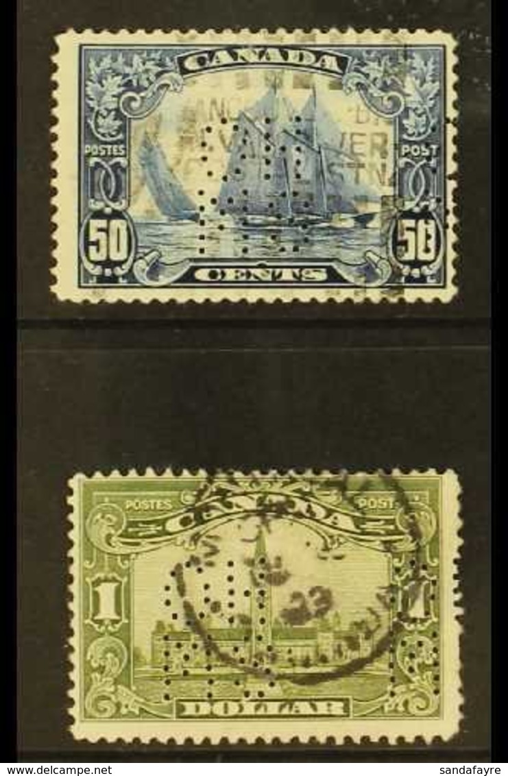 OFFICIALS 1928-29 50c Blue And $1 Olive-green Punctured With Type O1 "OHMS" Perfin, SG O39/O40, Good Used. (2 Stamps) Fo - Other & Unclassified