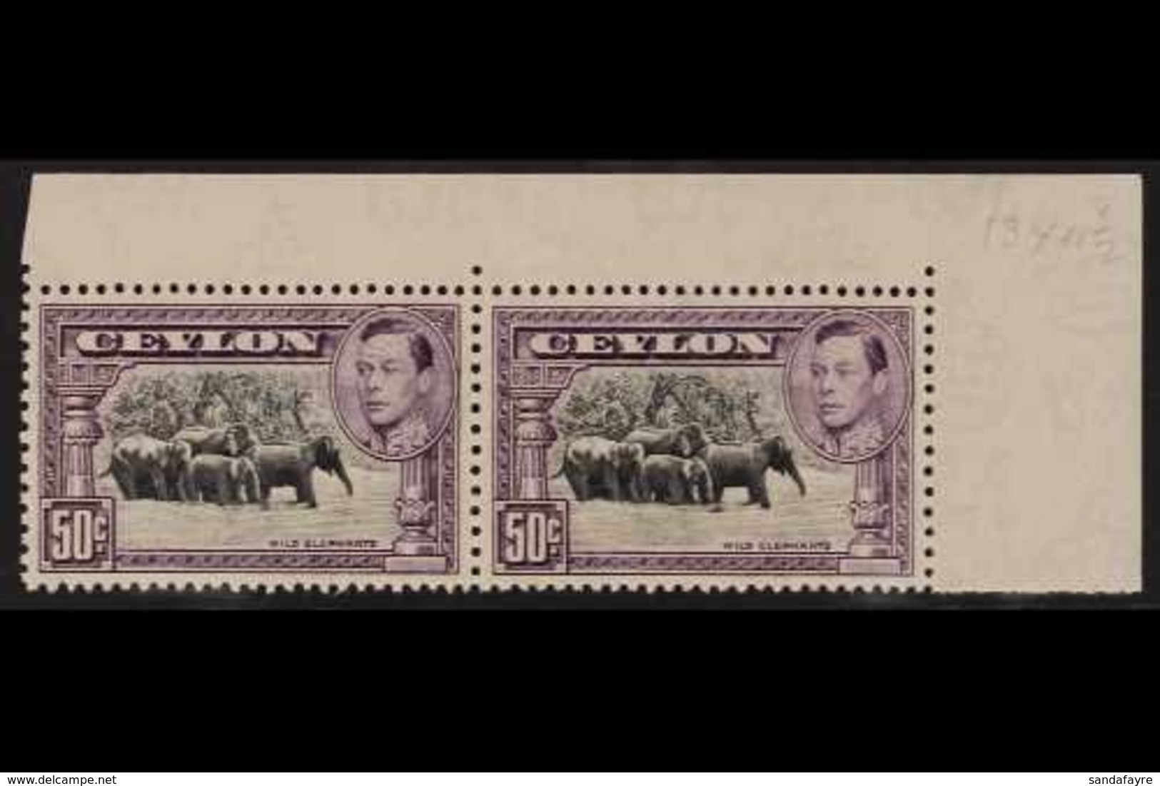 1938 50c Black And Mauve, Wild Elephants, SG 394, Superb Never Hinged Mint Corner Margin Pair. For More Images, Please V - Ceilán (...-1947)