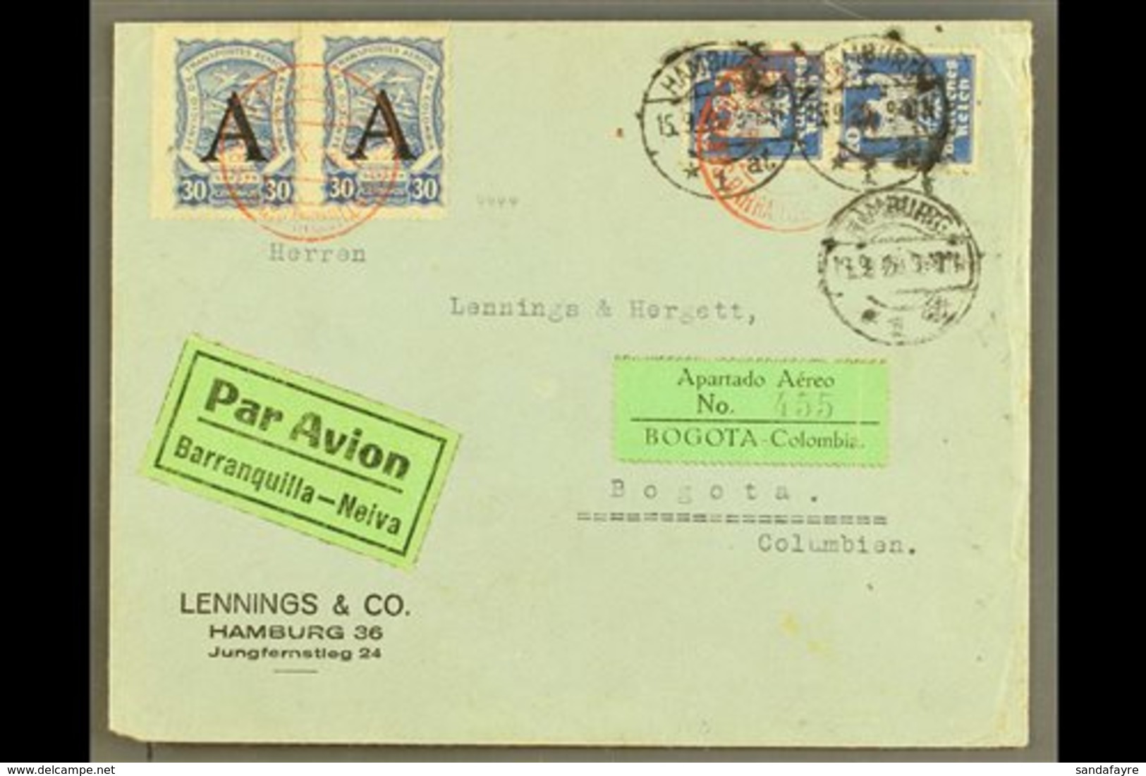 SCADTA 1925 (15 Sept) Cover From Germany To Bogota Bearing 20pf Pair Tied By Hamburg Cds's Plus SCADTA 1923 30c Horizont - Colombia