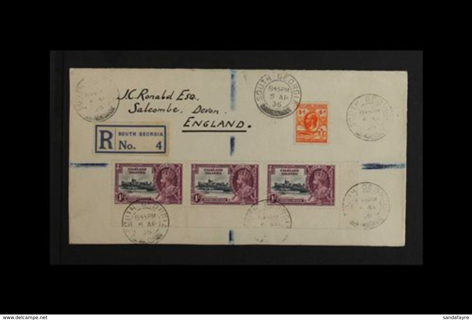 1936 SOUTH GEORGIA COVER An Attractive, Registered Cover To Devon, England Bearing Falkland Islands 1935 1s Silver Jubil - Falkland Islands