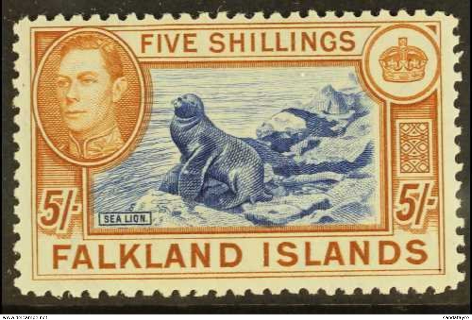 1938-50 5s Dull Blue & Yellow Brown On Greyish Paper, SG 161c, Fine Lightly Hinged Mint For More Images, Please Visit Ht - Falkland Islands