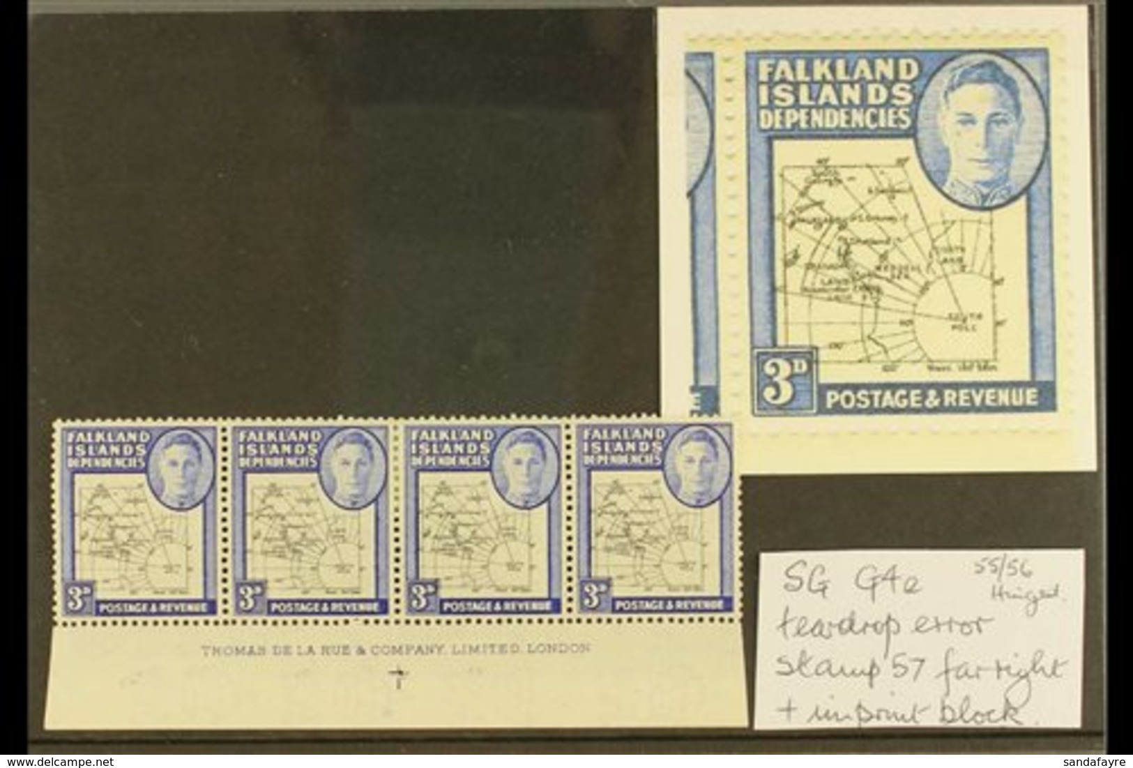 1946-49 3d Blue Thick Map IMPRINT STRIP OF FOUR, The Fourth Stamp Showing The "TEARDROP" FLAW, SG G4+G4e, Never Hinged M - Islas Malvinas