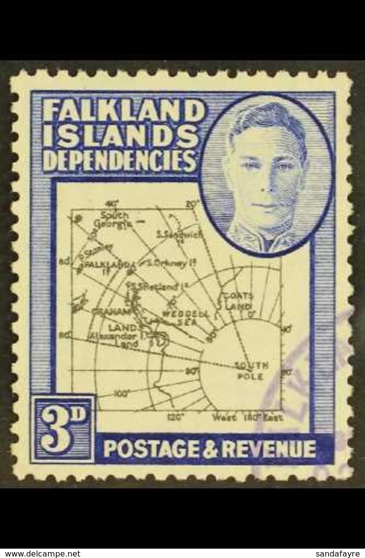 1946-9 3d Black & Blue, EXTRA ISLAND FLAW On Thick & Coarse Map Issue, SG G4aa, Very Fine Used. For More Images, Please  - Falkland Islands