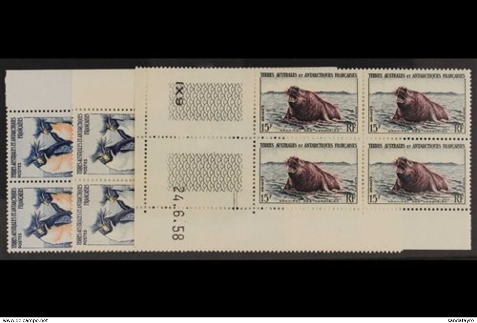 TAAF 1956 Animals Complete Set, Yvert 2/7, Never Hinged Mint Corner DATED BLOCKS Of 4, Very Fresh. (6 Blocks = 24 Stamps - Autres & Non Classés