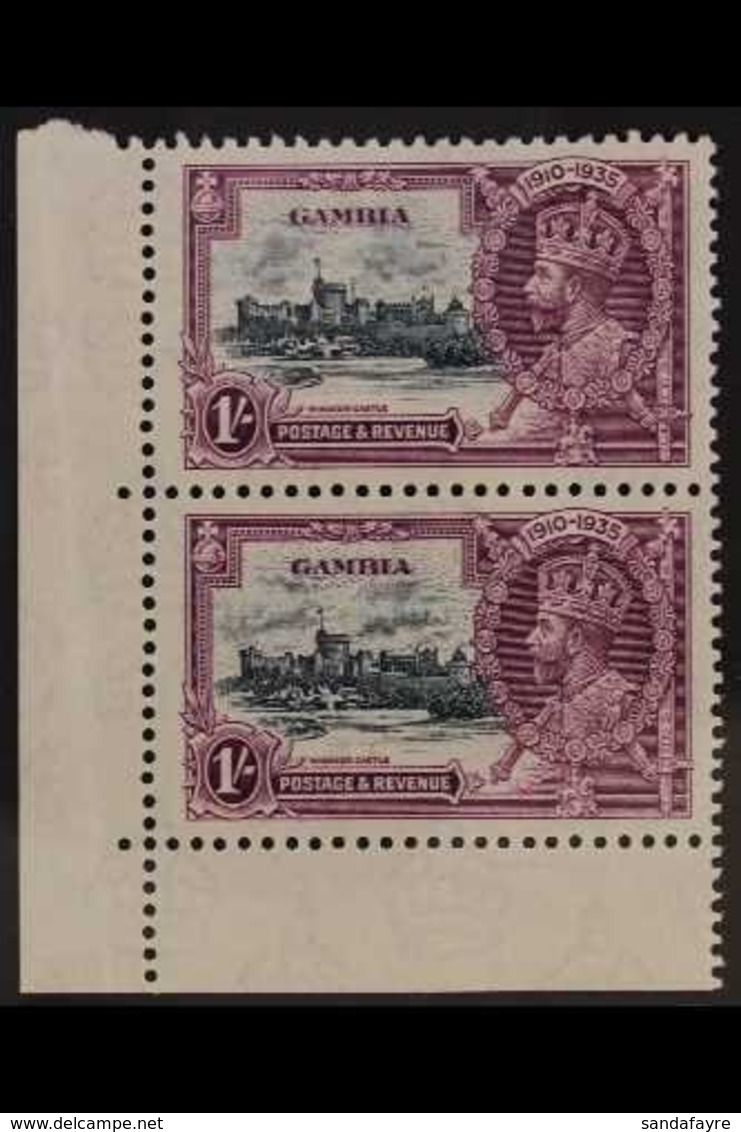 1935 SILVER JUBILEE VARIETY 1s Slate & Purple "EXTRA FLAGSTAFF" Variety In Vertical Pair, SG 146/146a, Corner Marginal.  - Gambie (...-1964)