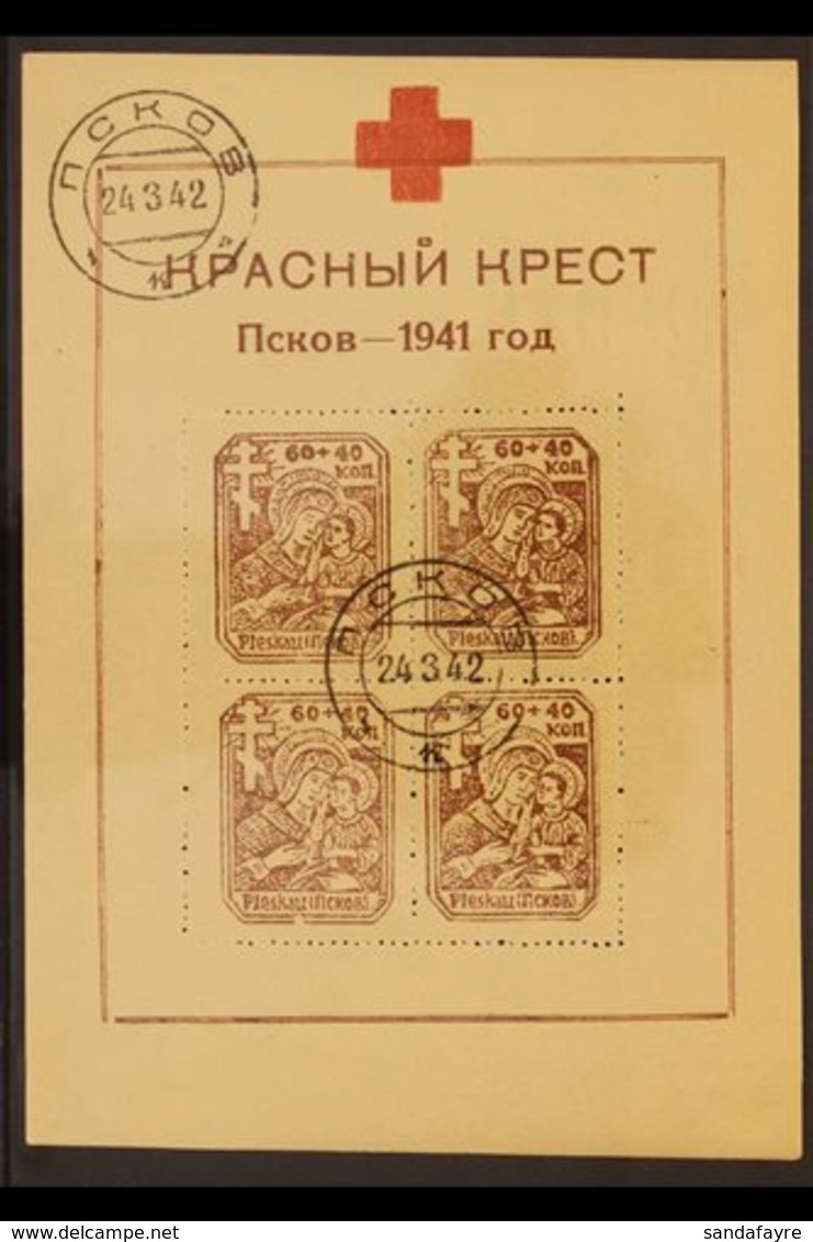 RUSSIA - OCCUPATION OF PLESKAU (PSKOW) 1942 (March) Red Cross Miniature Sheet On Yellowish Paper With 60+40k "Mary And J - Altri & Non Classificati
