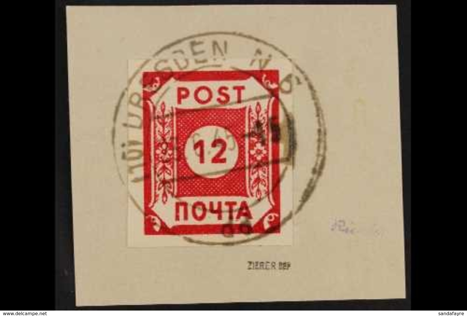 RUSSIAN ZONE EAST SAXONY 1945 (June) 12pf Red Imperf With Bilingual 'Post' (Michel B Ib, SG RE1), Used On Piece Tied By  - Other & Unclassified