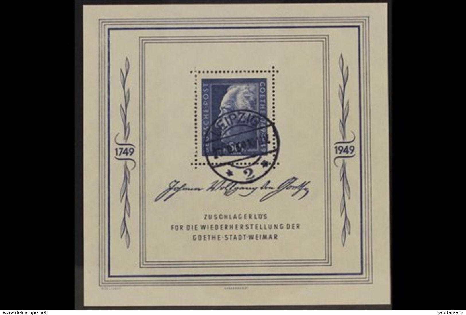 RUSSIAN ZONE GENERAL ISSUES 1949 Goethe Miniature Sheet (Michel Block 6, SG MSR59a), Very Fine Used With "Leipzig" Cds C - Other & Unclassified