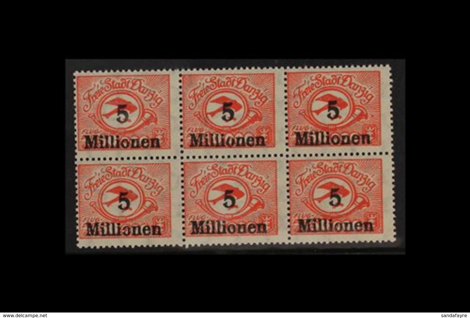 1923 5mio On 5000m Scarlet Air Surcharge (Michel 180, SG 65), Never Hinged Mint BLOCK Of 6 With The Top Middle Stamp Sho - Otros & Sin Clasificación