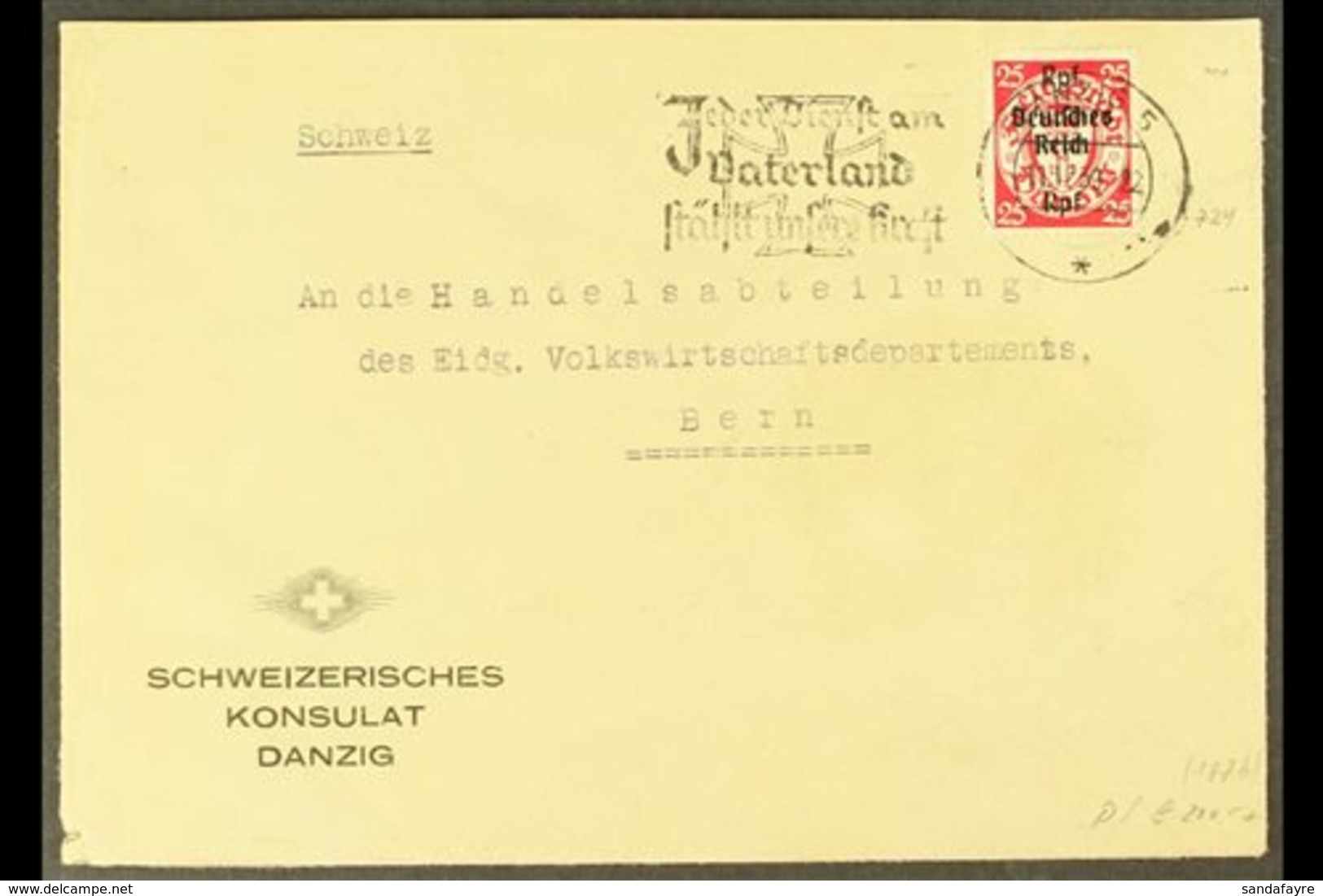 1939 (11 DEC) Printed Cover From The Swiss Consulate In Danzig To Bern, Bearing Germany 1939 Rpf Surcharge On 25pf Of Da - Otros & Sin Clasificación