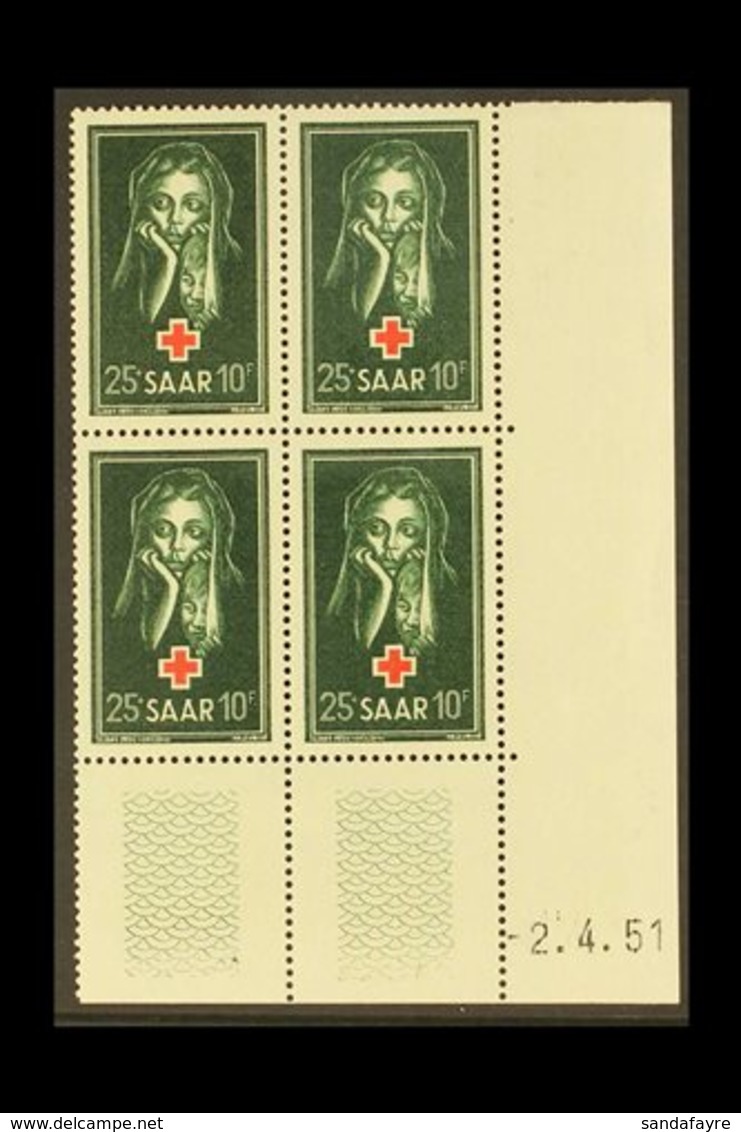 1951 25f Deep Green & Red Red Cross (Michel 304, SG 301), Superb Never Hinged Mint Lower Right Corner DATE BLOCK Of 4, V - Sonstige & Ohne Zuordnung