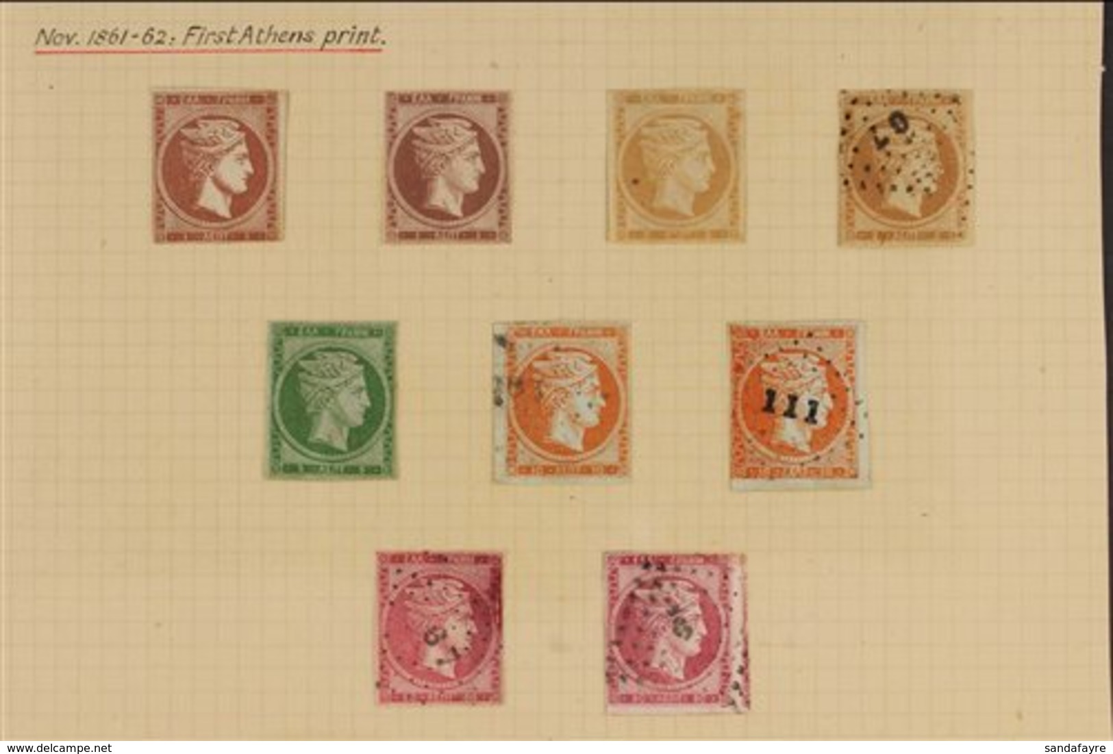 1861-62 Unused And Used Group Of Stamps On A Small Page, All Identified (unchecked By Us) As From The First Athens Print - Otros & Sin Clasificación