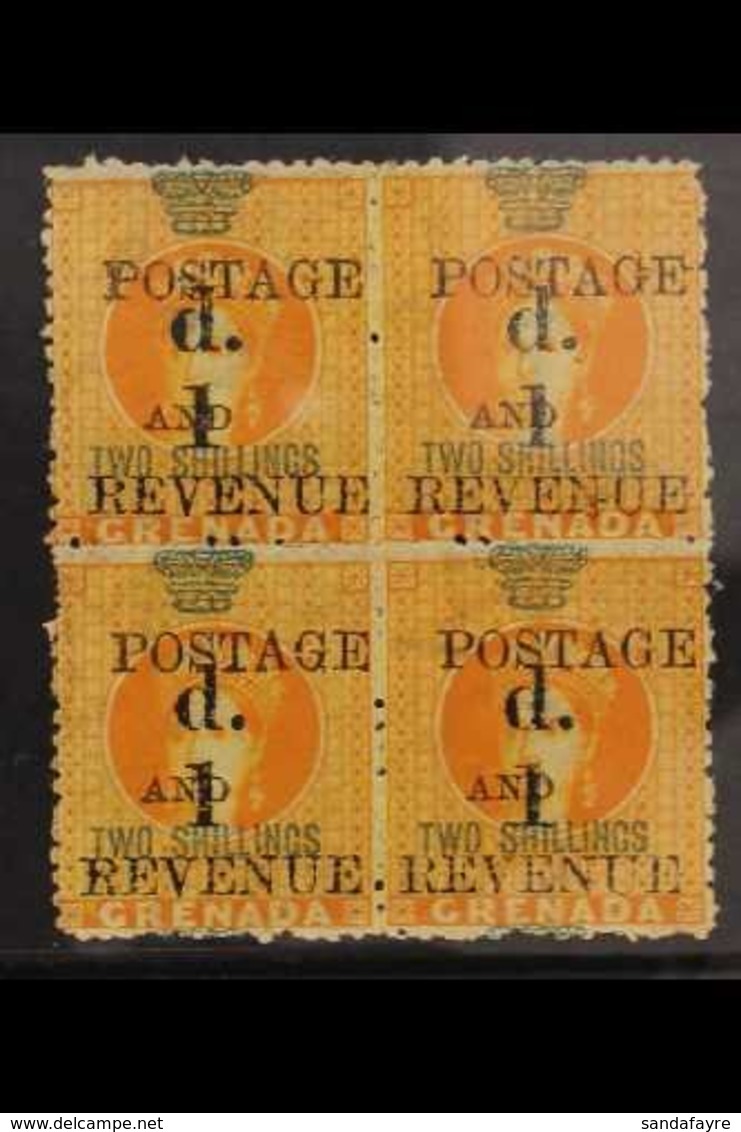 1888-91 1d On 2s Orange Surcharge Type 18, SG 44, Very Fine Mint BLOCK Of 4, Minor Perf Reinforcement, Very Fresh, Attra - Grenada (...-1974)