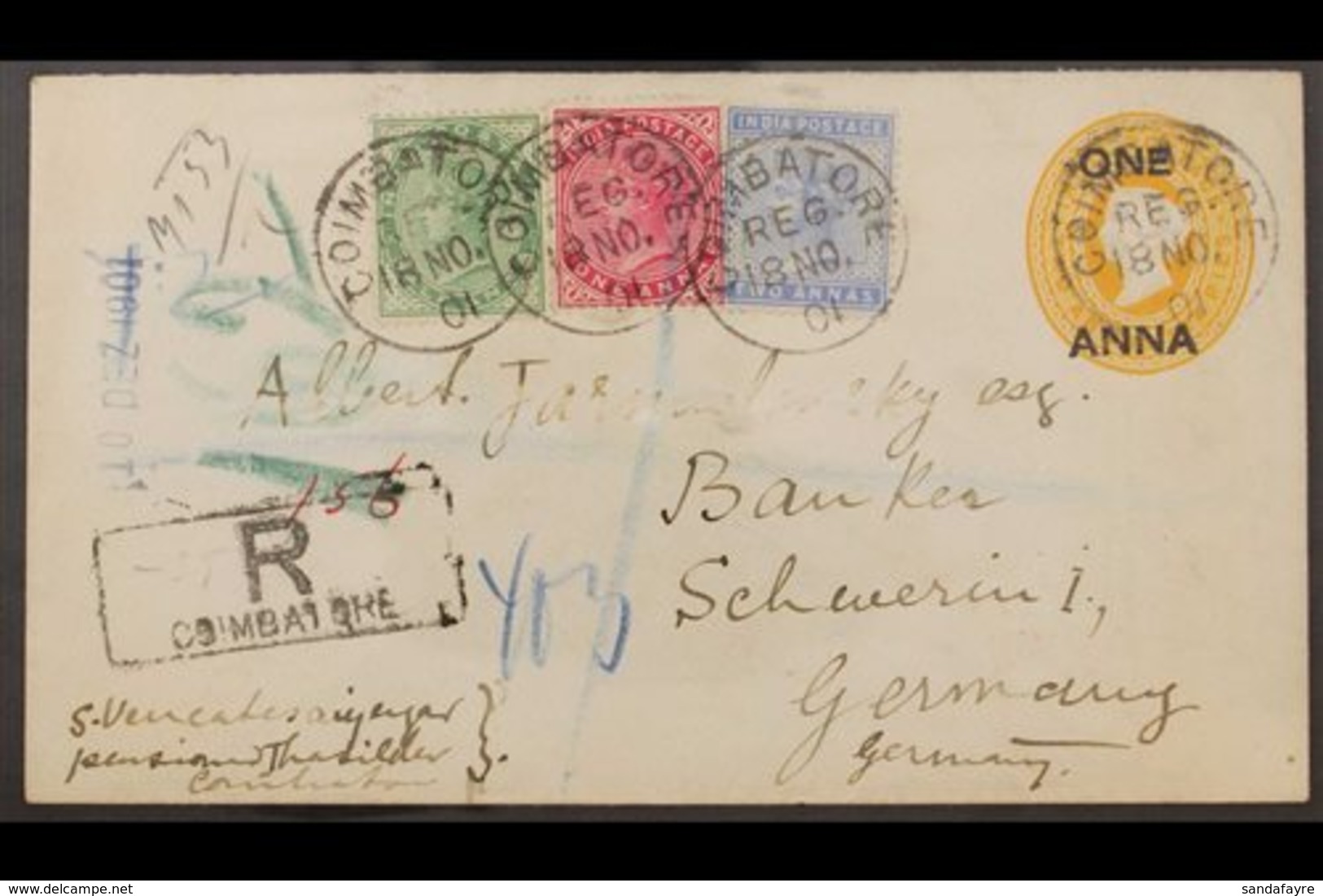 1901 (18 Nov) 1a On 2a6p Yellow Postal Stationery Envelope Addressed To Germany, Registered And Uprated With ½a, 1a & 2a - Other & Unclassified