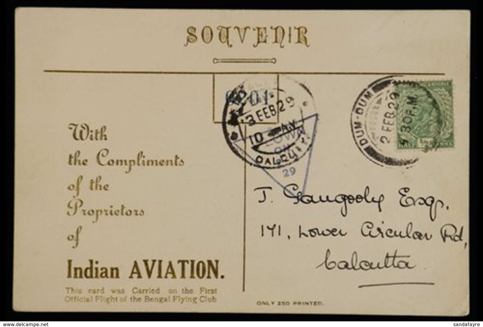 1929 (2 Feb) Bengal Flying Club Inauguration Special Gold / Blue & Orange Illustrated Postcard Bearing ½a Stamp Tied Dum - Altri & Non Classificati