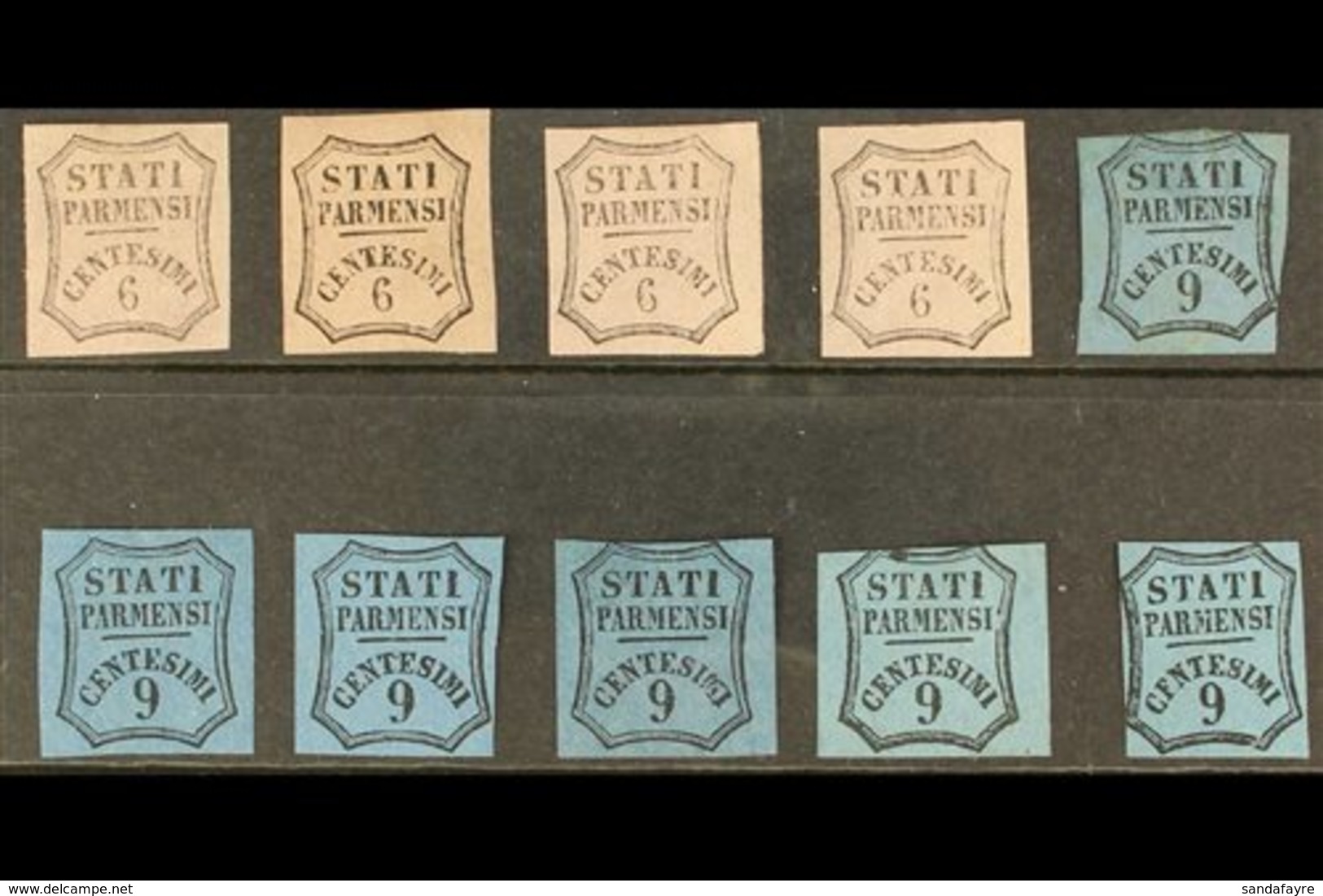 PARMA NEWSPAPER STAMPS - 1853 - 7 Unissued 6c Black On Pale Rose (4) And 9c Blue (3) And Pale Blue (3) Including "CFN" V - Unclassified