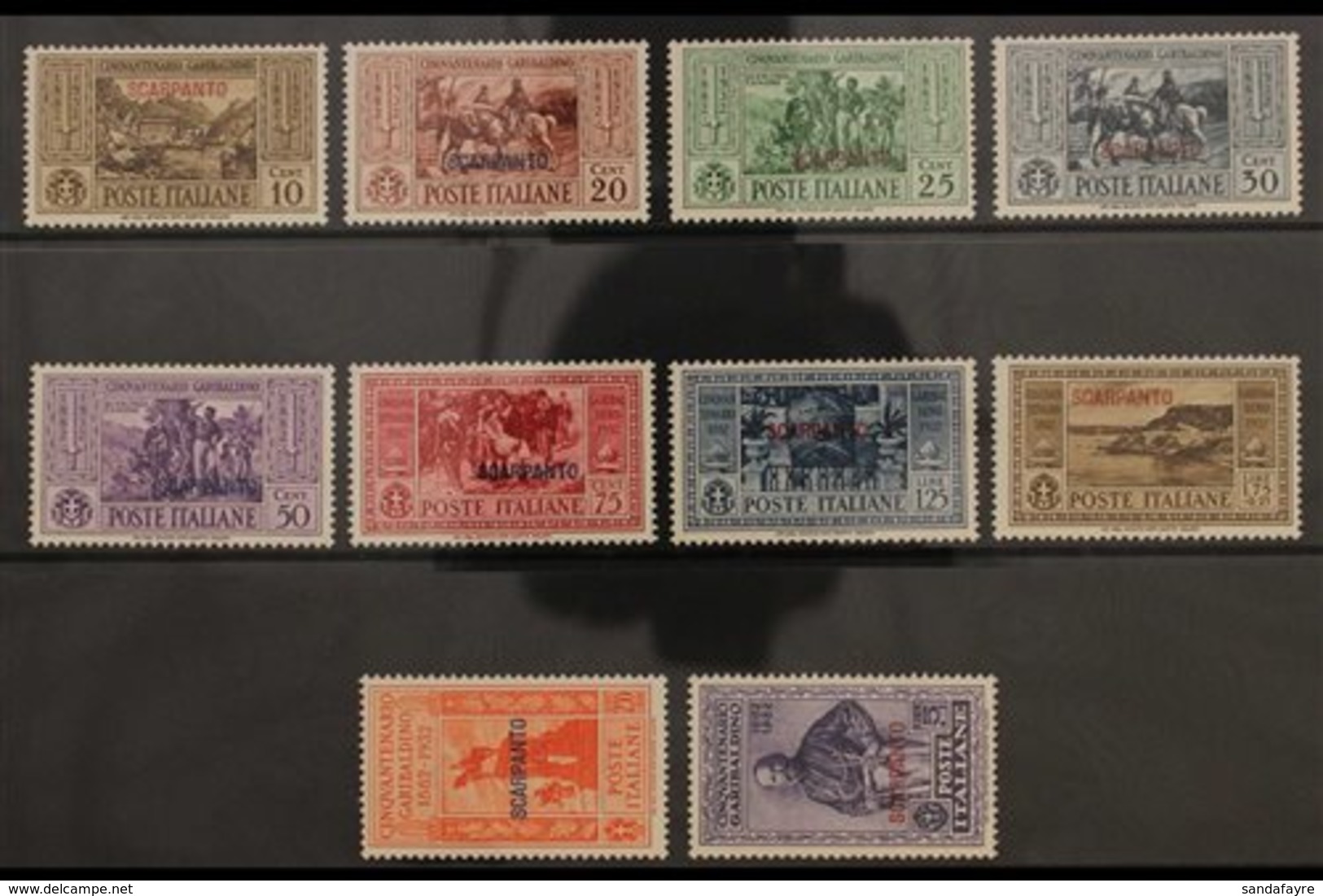 DODECANESE ISLANDS SCARPANTO 1932 Garibaldi Local Overprints Complete Set (Sassone 17/26, SG 89/98 K), Very Fine Mint, V - Other & Unclassified