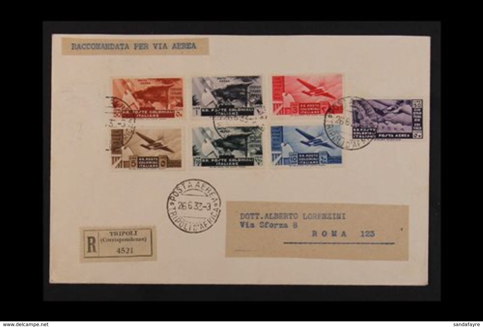 GENERAL ISSUES 1933 (26 June) Registered Air Cover To Rome Bearing 50th Anniversary Of Eritrea Air Complete Set (Sass. S - Otros & Sin Clasificación