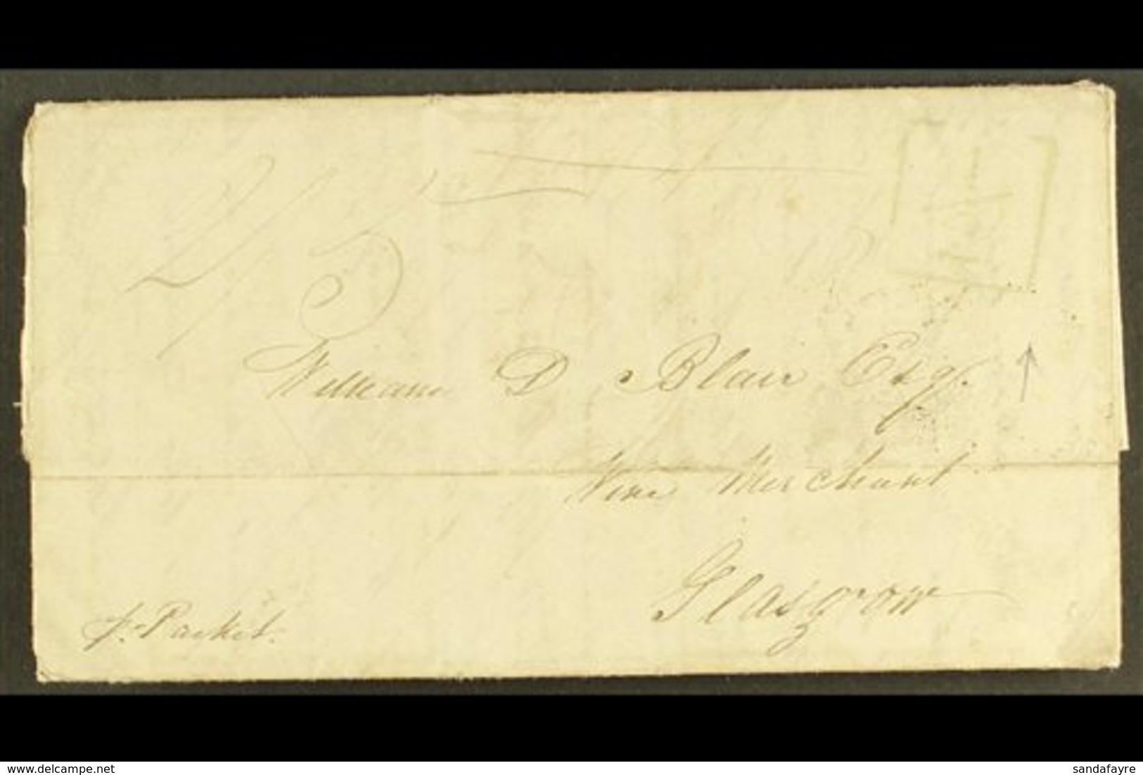 1834 JAMES BLAIR PLANTATION LETTER,  MOUNT ZION, ST ELIZABETH TO SCOTLAND, ADDITIONAL "½" MARK & KINGSTON CDS (June) Len - Jamaica (...-1961)