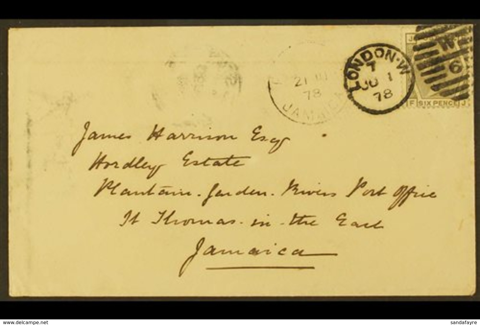 1878 (June 1) Attractive Incoming Cover To Jamaica Bearing GB 6d Grey (SG 147), Plate 15, Tied By Neat London W Duplex,  - Jamaica (...-1961)