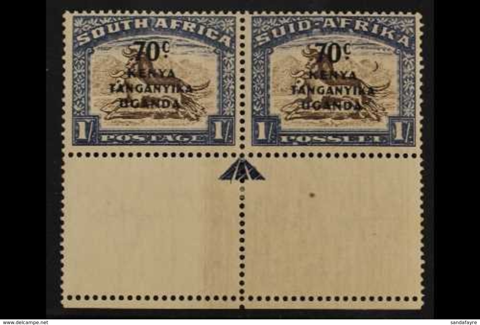 1941-42 70c On 1s Brown And Chalky Blue With Crescent Moon Flaw, SG 154a, Marginal Horizontal Pair, The Stamps Never Hin - Vide