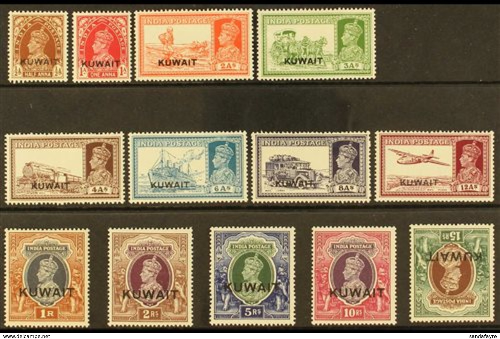 1939 KGVI Opt'd "Kuwait" Definitive Set, SG 36/51w, Fine Mint, 15r With Inverted Watermark & Light Gum Bend (13 Stamps)  - Koweït