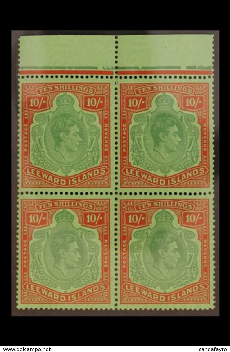 1938-51 10s Deep Green & Deep Vermilion On Green Ordinary Paper, SG 113c, Superb Never Hinged Mint Upper Marginal BLOCK  - Leeward  Islands