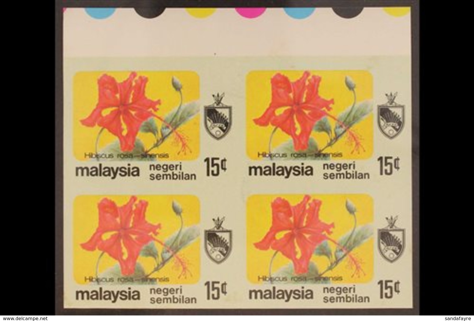 NEGRI SEMBILAN 1979 15c Flowers (SG 107), Never Hinged Mint Upper Marginal IMPERF BLOCK Of 4, Fresh & Attractive. (4 Sta - Autres & Non Classés