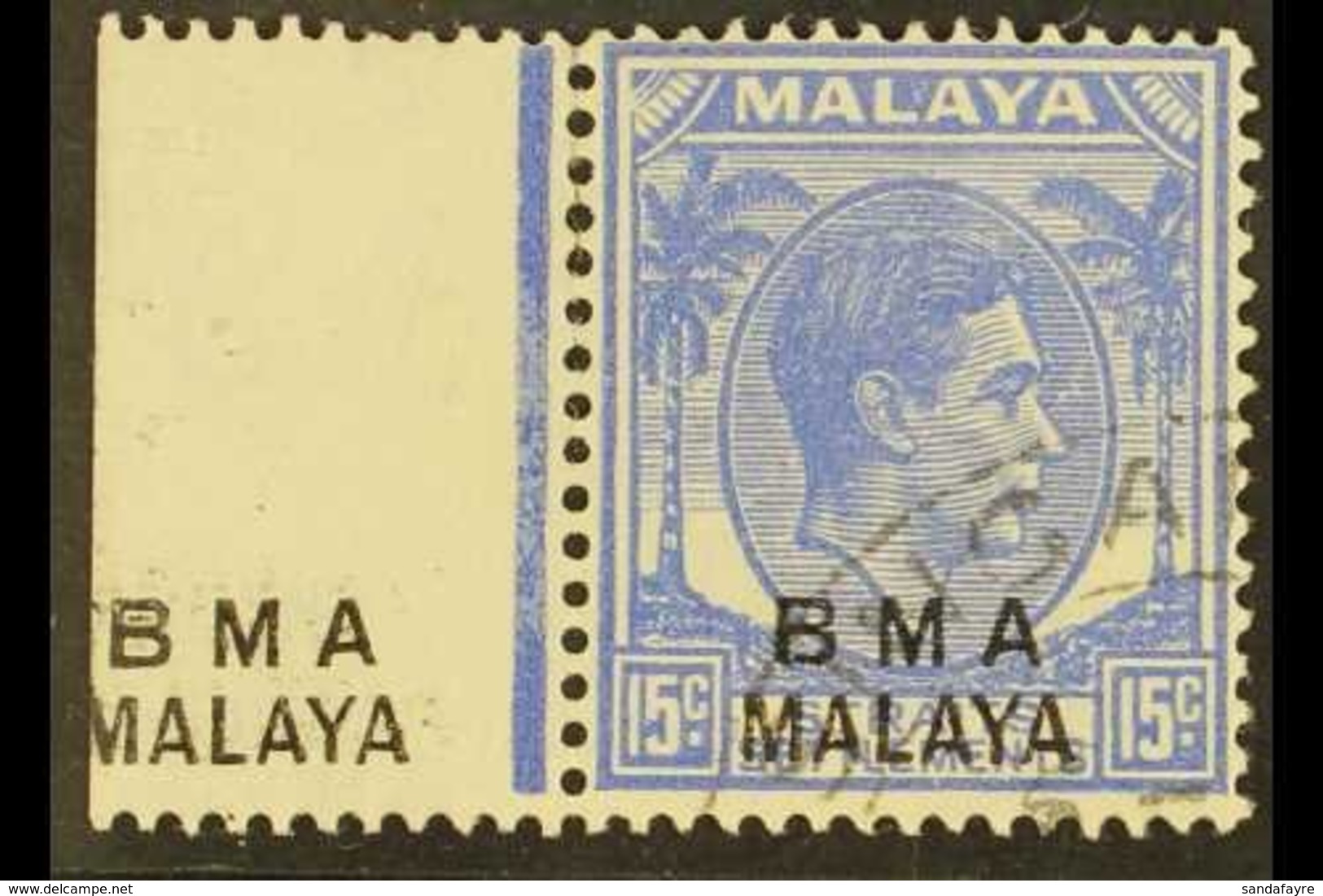 1945-48 15c Ultramarine (black Overprint), SG 11, Very Fine Used Left Marginal Example With A Further "BMA / MALAYA" Ove - Malaya (British Military Administration)