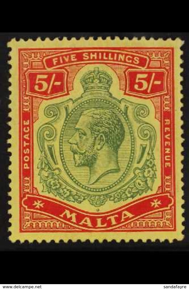 1914-21 5s. Green And Red On Yellow Key Plate, SG 88, Very Fine Mint. For More Images, Please Visit Http://www.sandafayr - Malta (...-1964)