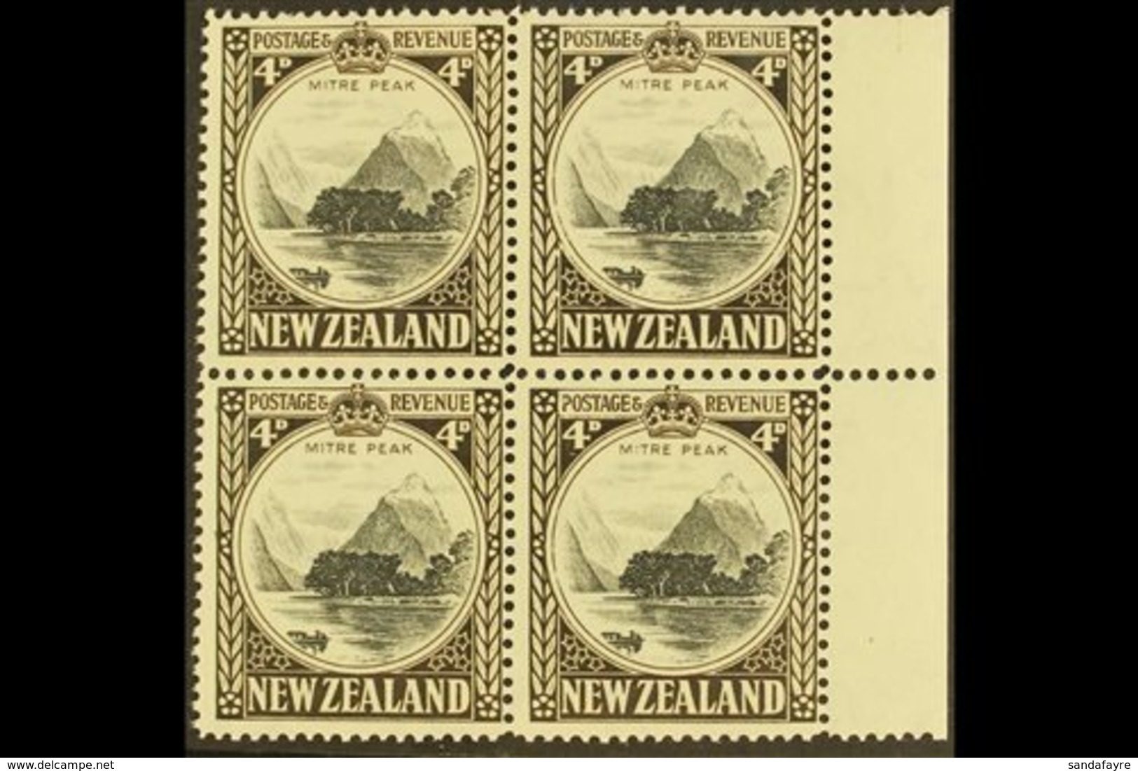 1941 4d Black And Sepia Mitre Peak, Line Perf. 14 SG 583c, Very Fine Mint Right Marginal Block Of Four, Three Are Never  - Autres & Non Classés