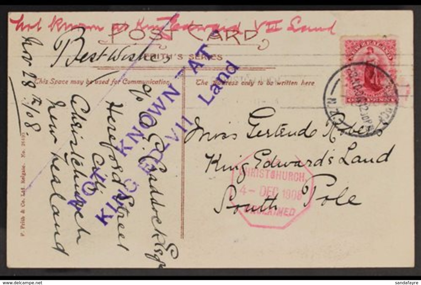 VICTORIA LAND British Antarctic Expedition 1907-09 - Incoming Picture Postcard, Posted 28th November 1908, Franked 1d Un - Other & Unclassified