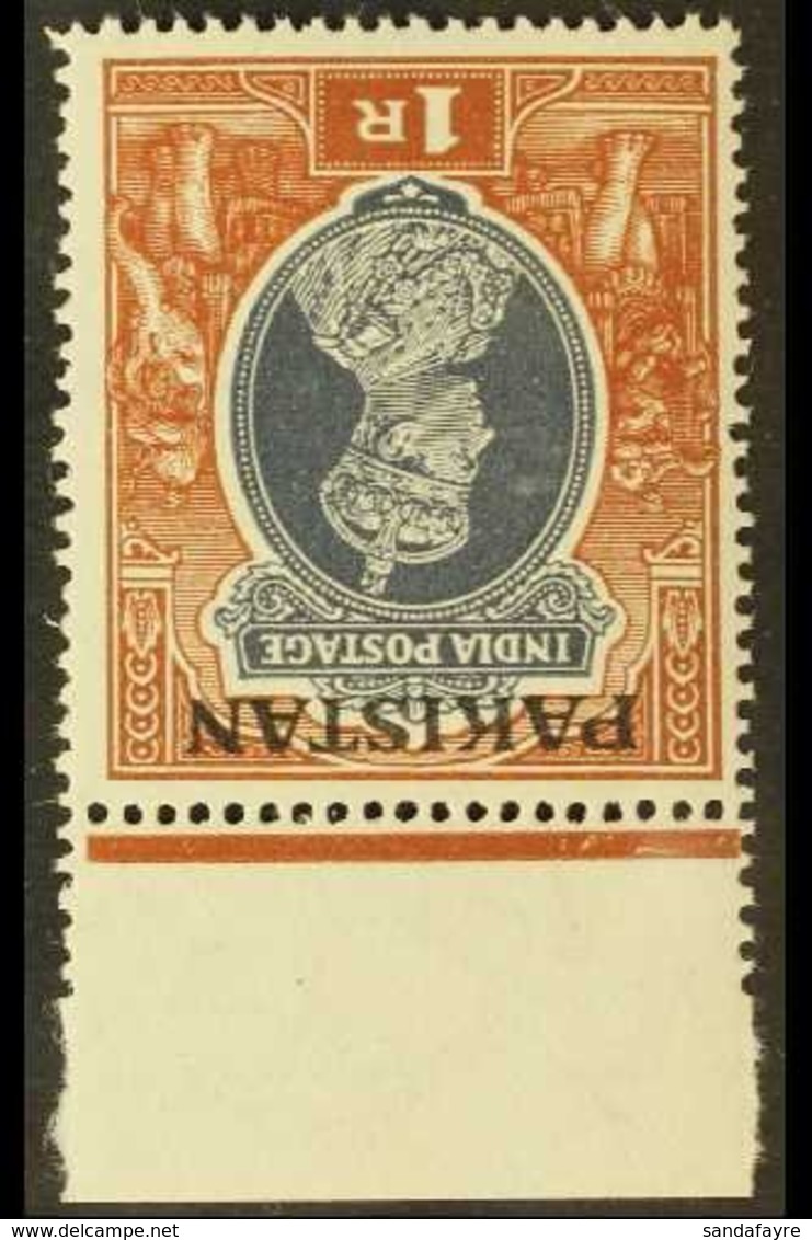 1947 INVERTED WATERMARK 1r Grey & Red-brown "Inverted Watermark", SG 14w, A Lovely Marginal Example, The Stamp Being Nev - Pakistán