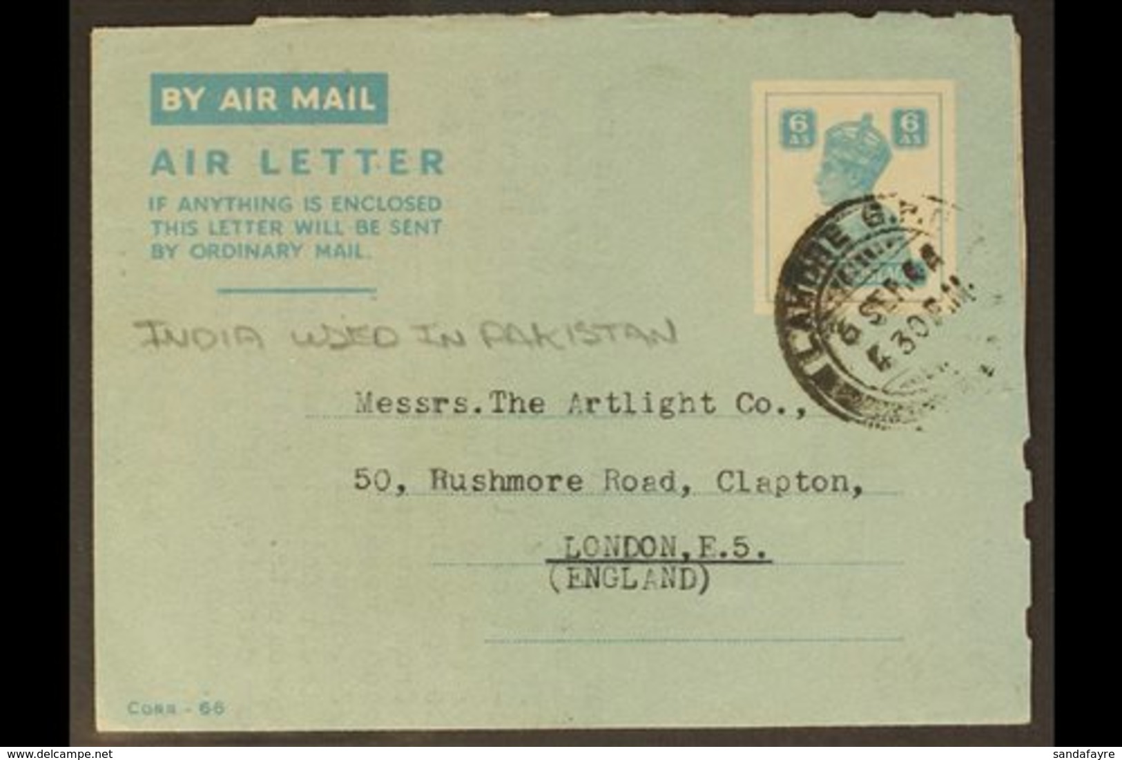INDIA USED IN 1946 (Sept 6th). India 6a Air Letter To London (F&G 2) Tied By Lahore Cds. Lovely (1 Aerogramme) For More  - Pakistán