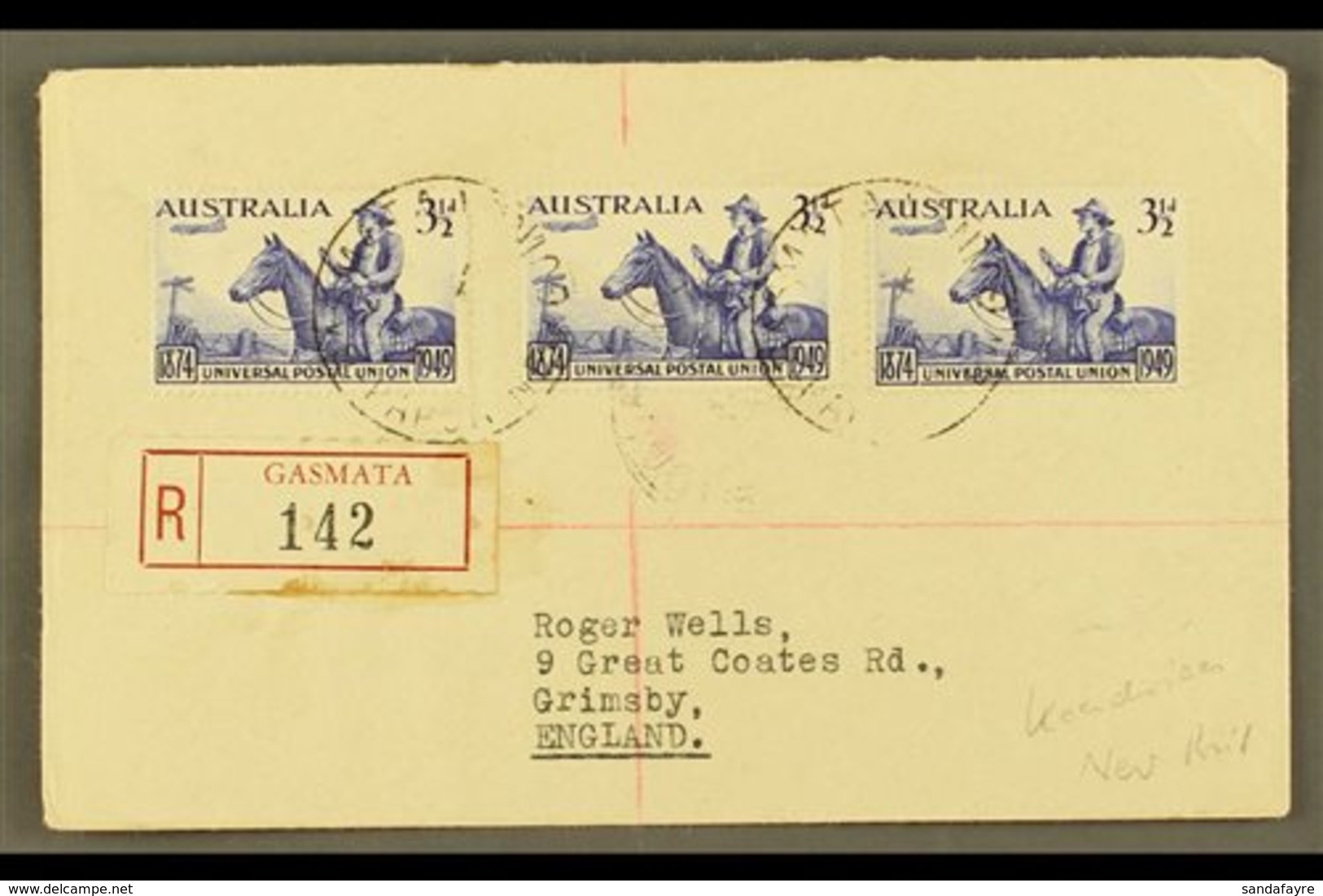 1950 (May) Neat "Roger Wells" Registered Cover To England, Bearing UPU 3½d X3, Tied GASMATA Cds's, Rabaul And Sydney Tra - Papúa Nueva Guinea