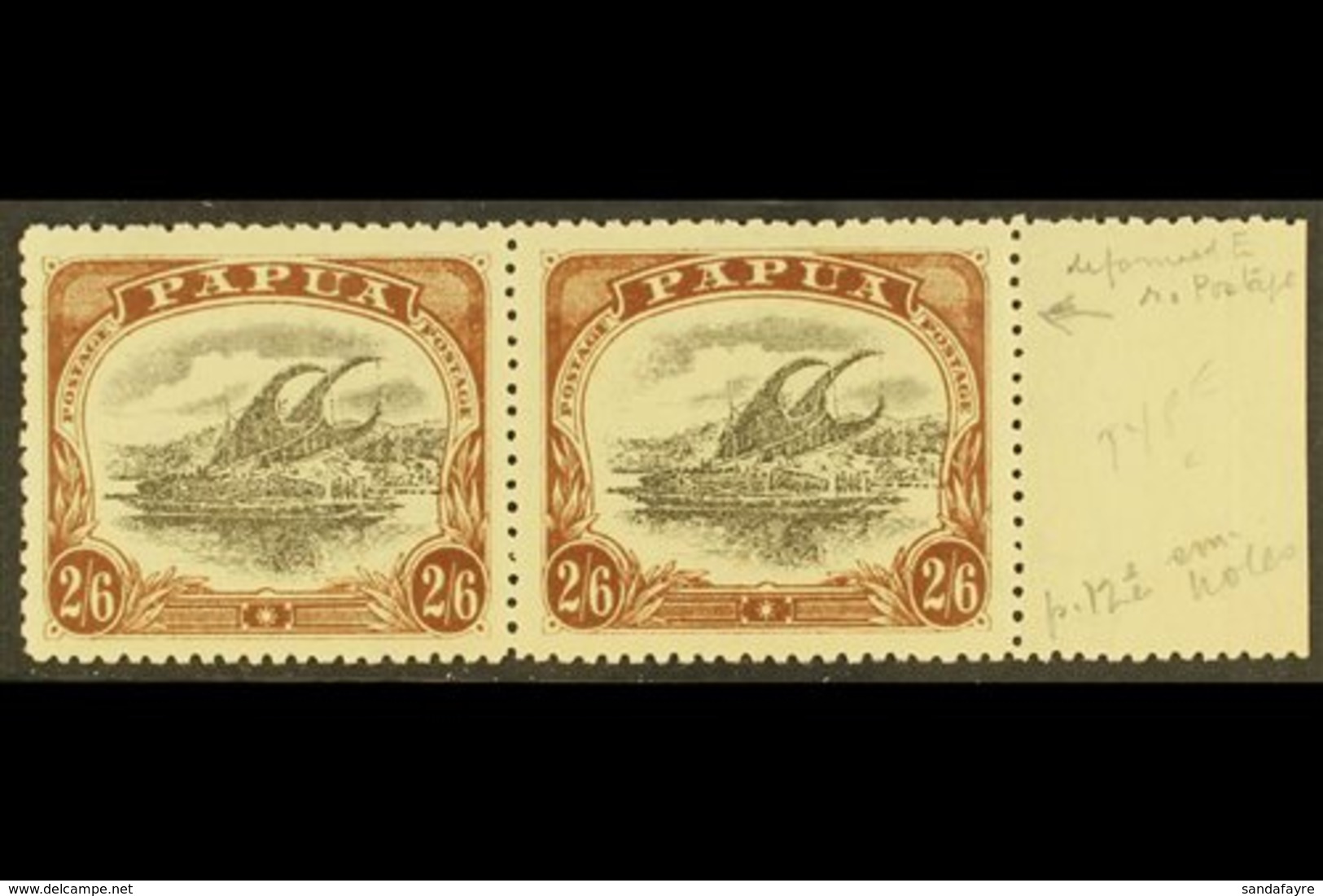 1910-11 2s6d Black & Brown Lakatoi Type C, SG 83, Fine Mint Marginal Pair, One Stamp With DEFORMED "E" AT LEFT Variety ( - Papúa Nueva Guinea